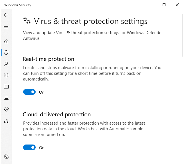 Windows Defender real time protection on