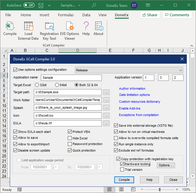Excel Compiler option form