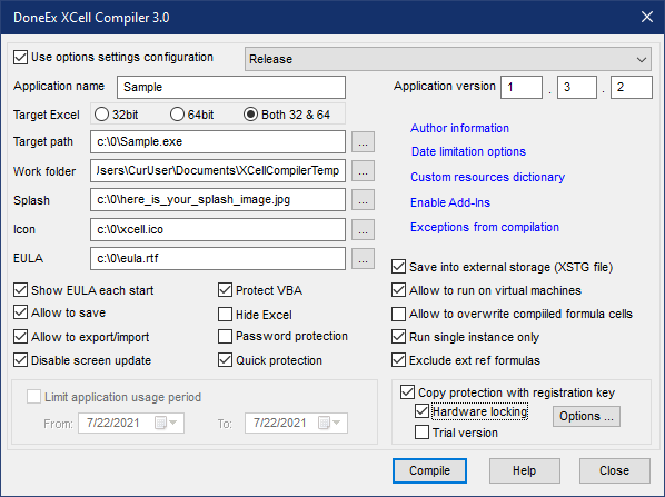 XCell compiler options form
